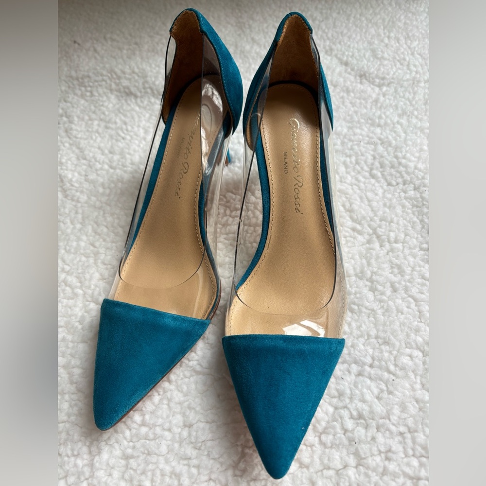 Gianvito Rossi Designer Teal Blue Suede Plexi Heels (37) - Picture 2 of 5